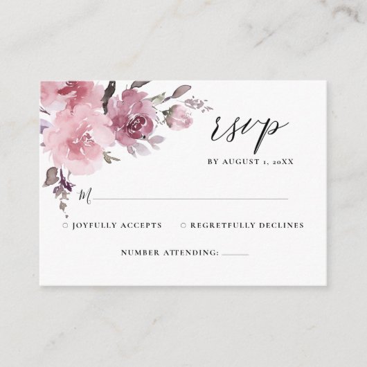Dusty Roos Blush Pink Mauve Floral Wedding RSVP Informatiekaartje (Voorkant)