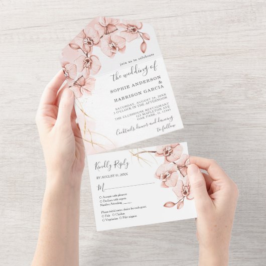 Dusty Roos Blush Pink Orchid Waterverf Weddenschap All In One Uitnodiging (Afscheurbaar)