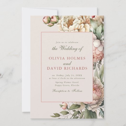 Dusty Roos Blush Pink Peony bruiloft uitnodiging (Voorkant)