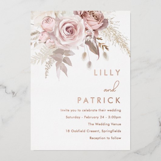 Dusty Roos & Blush Weddenschap Real Roos Gold Folie Uitnodiging (Voorkant)
