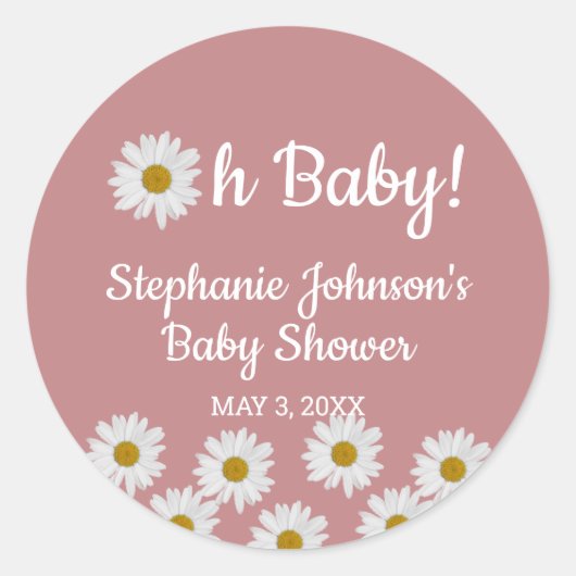 Dusty Roos Bohemian Daisies Oh Baby Baby shower Ronde Sticker (Voorkant)