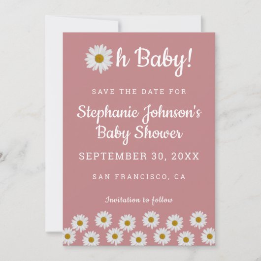 Dusty Roos Bohemian Daisies Oh Baby Baby shower Save The Date (Voorkant)