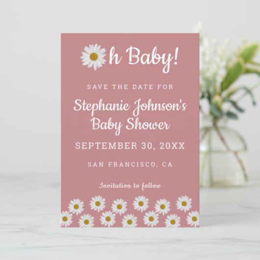 Dusty Roos Bohemian Daisies Oh Baby Baby shower Save The Date (Staand voorkant)