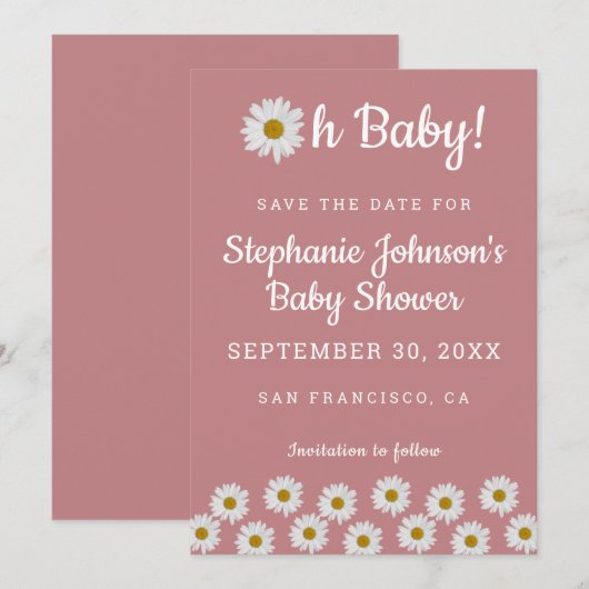 Dusty Roos Bohemian Daisies Oh Baby Baby shower Save The Date (Voorkant / Achterkant)