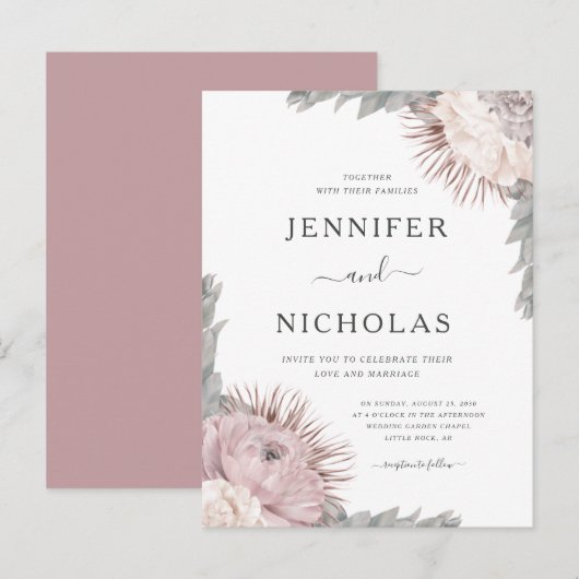 Dusty Roos Boho Dried Flowers Wedding Invitation Uitnodiging Briefkaart (Voorkant / Achterkant)