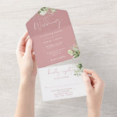 Dusty Roos Botanical Greenery Monogram Wedding All In One Uitnodiging (Afscheurbaar)