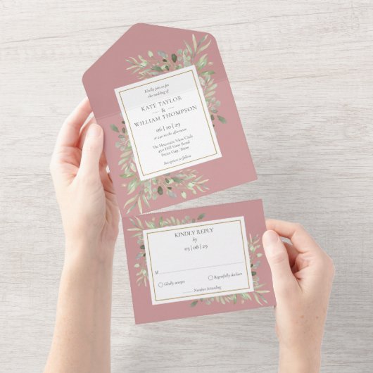 Dusty Roos Botanical Greenery Monogram Wedding All In One Uitnodiging (Afscheurbaar)