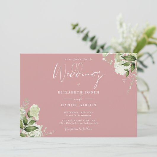 Dusty Roos Botanical Greenery Monogram Wedding Kaart (Staand voorkant)