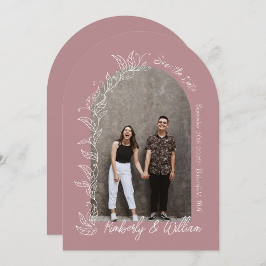 Dusty Roos Botanical Leaves Arch Bewaar de datum Kaart (Voorkant / Achterkant)