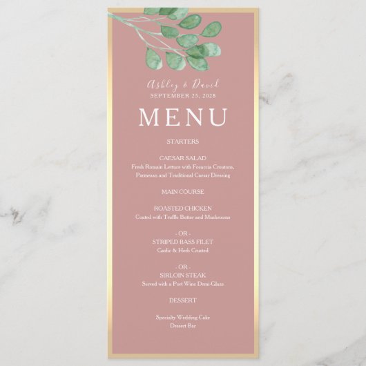 Dusty Roos Botanical Wedding Dinner Menu (Voorkant)