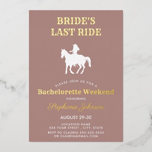 Dusty Roos Bride's Last Ride Bachelorette Weekend Folie Uitnodiging (Voorkant)
