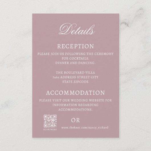 Dusty Roos bruiloft Details Kaart (Voorkant)