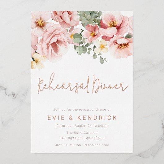 Dusty Roos bruiloft repetitie diner Roos Gold Folie Uitnodiging (Voorkant)