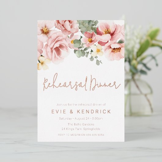 Dusty Roos bruiloft repetitie diner Roos Gold Folie Uitnodiging (Staand Voorkant)