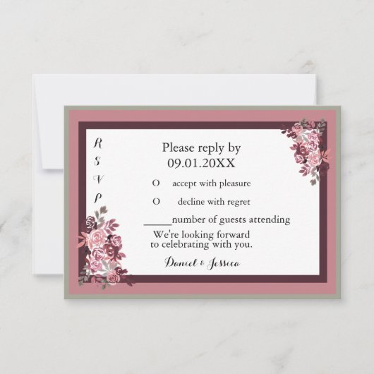 Dusty Roos Burgandy Wedding RSVP Uitnodiging (Voorkant)