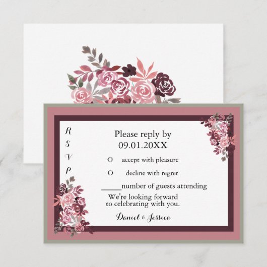Dusty Roos Burgandy Wedding RSVP Uitnodiging (Voorkant / Achterkant)