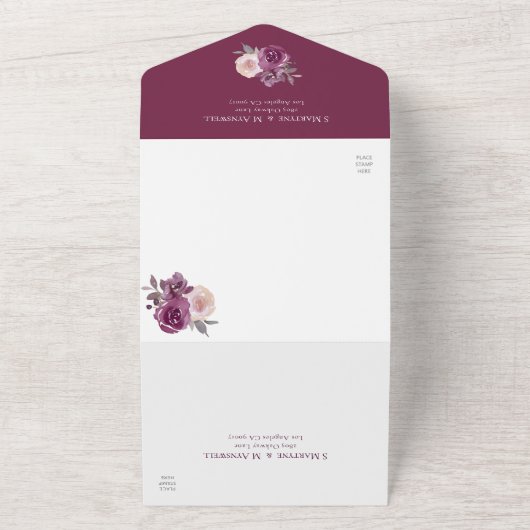 Dusty Roos Burgundy Blush Floral Wedding All In One Uitnodiging (Buitenkant)