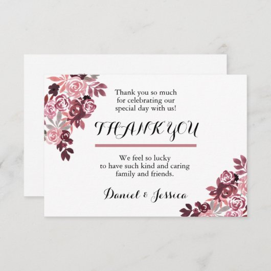 Dusty Roos Burgundy Floral Weddenschap Hartelijk d Bedankkaart (Voorkant / Achterkant)