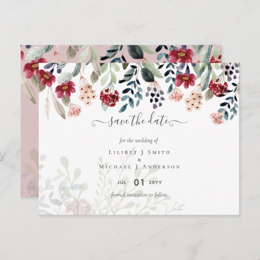 Dusty Roos Burgundy Floral Wedding Briefkaart (Voorkant / Achterkant)