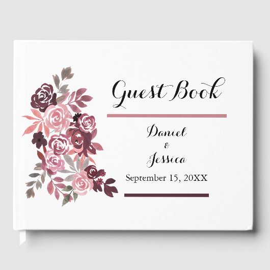 Dusty Roos Burgundy Floral Wedding Guest Book Gastenboek (Voorkant)