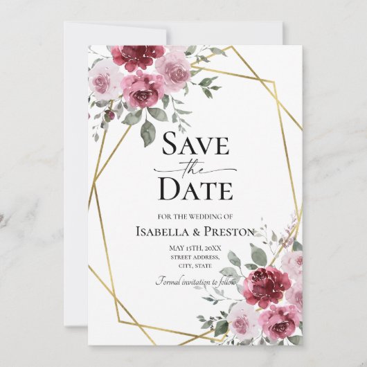 Dusty Roos Burgundy Floral Wedding Save the Date Kaart (Voorkant)