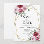 Dusty Roos Burgundy Floral Wedding Save the Date Kaart (Voorkant / Achterkant)