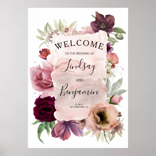 Dusty Roos & Burgundy Floral Wedding Welcome Sign Poster (Voorkant)