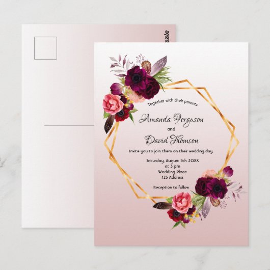 Dusty roos burgundy florals bruiloft briefkaart (Voorkant / Achterkant)