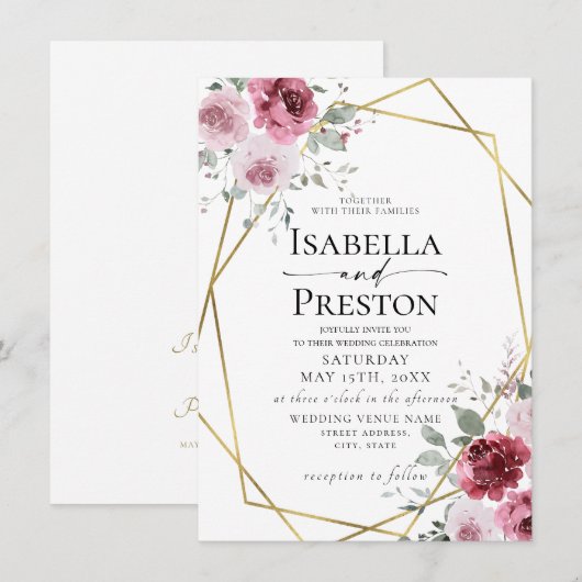 Dusty Roos Burgundy Gold Floral Weddenschap Kaart (Voorkant / Achterkant)