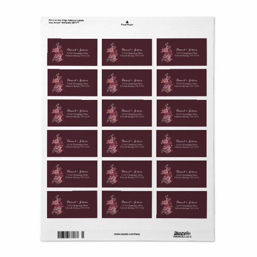 Dusty Roos Burgundy Wedding Return Label (Full Sheet)
