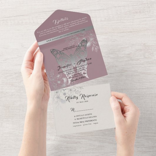 Dusty Roos Butterfly Wedding Invitation All In One Uitnodiging (Afscheurbaar)