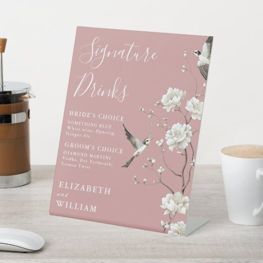 Dusty Roos Chinoiserie Signature Drink bruiloft Reclamebord Met Voetstuk (Insitu)