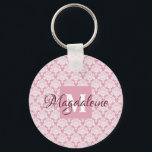 Dusty Roos Damask Lace Pattern Monogram & Name Sleutelhanger<br><div class="desc">Deze prachtige sleutelhanger heeft een klassiek wit damespatroon boven een stoffige roos of roze achtergrond. Het ontwerp is gepersonaliseerd met een monogram initiaal brief evenals een klantgerichte naam voor een eenvoudige maar elegante blik. Perfect cadeau voor elke vrouw die een persoonlijke sleutelhanger wil.</div>