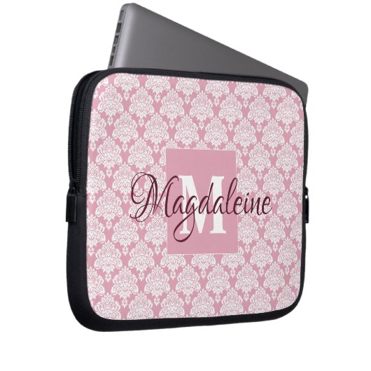 Dusty Roos Damask-laptop Hoesje met monogram en na Laptop Sleeve (Voorkant Rechts)