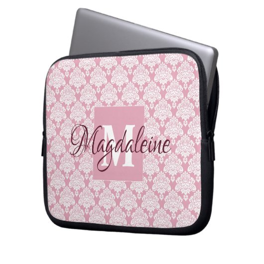 Dusty Roos Damask-laptop Hoesje met monogram en na Laptop Sleeve (Voorkant Links)