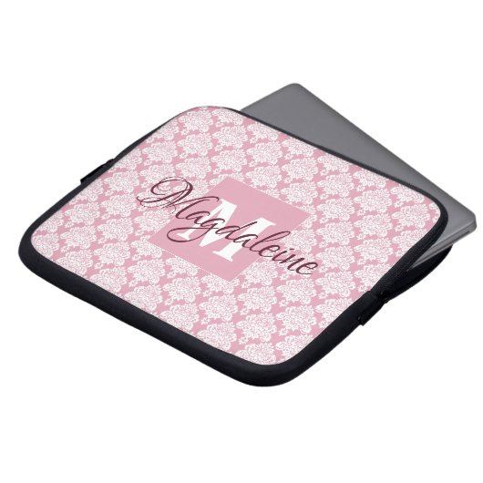 Dusty Roos Damask-laptop Hoesje met monogram en na Laptop Sleeve (Voorkant top)