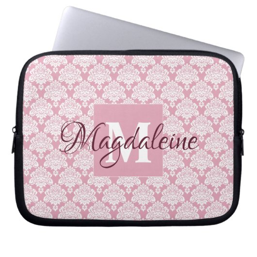 Dusty Roos Damask-laptop Hoesje met monogram en na Laptop Sleeve (Voorkant)