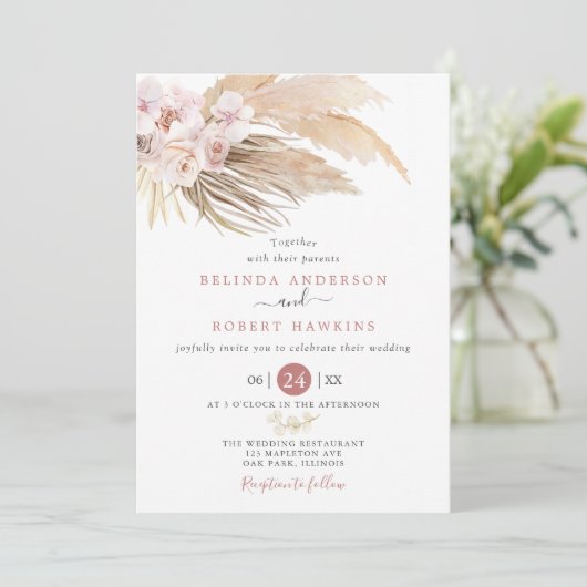 Dusty Roos Desert Boho Pampas Grass Wedding Kaart (Staand voorkant)