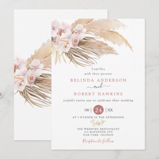 Dusty Roos Desert Boho Pampas Grass Wedding Kaart (Voorkant / Achterkant)