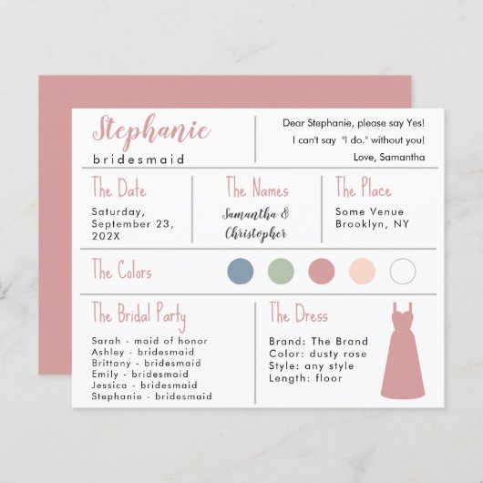 Dusty Roos Dress Color Bridesmaid Information Kaar (Voorkant / Achterkant)