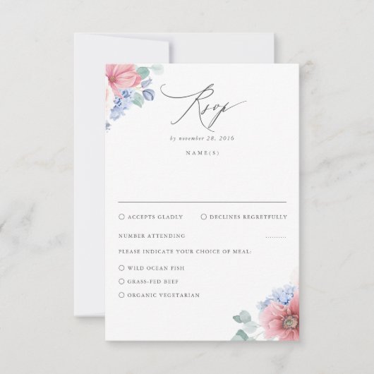 Dusty Roos Dusty Blue Floral Wedding RSVP (Voorkant)