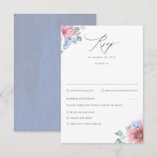 Dusty Roos Dusty Blue Floral Wedding RSVP Kaartje (Voorkant / Achterkant)
