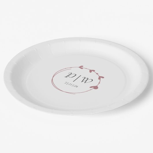 Dusty Roos Eenvoudige Hart Krans Monogram Trouwen Papieren Bordje (Gekanteld)