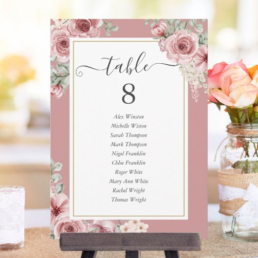 Dusty Roos Elegant Floral Table Number Aankondiging