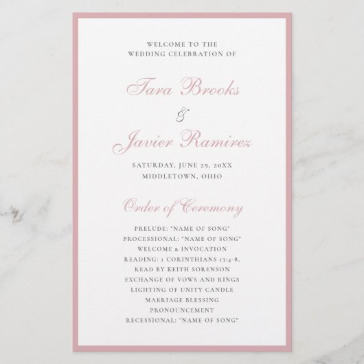 Dusty Roos Elegant Formal Budget Wedding Programme Flyer (Voorkant)
