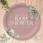 Dusty Roos Elegant Greenery Girl Baby shower Papieren Bordje<br><div class="desc">Een elegant baby shower papier bord met chic typografie en  botanische groene foliage op een roze achtergrond van een stoffige roos. Ontworpen door: Thisnotme©</div>