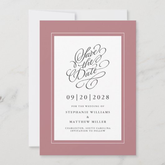 Dusty Roos Elegant Pink Wedding Calligraphy Script Save The Date (Voorkant)