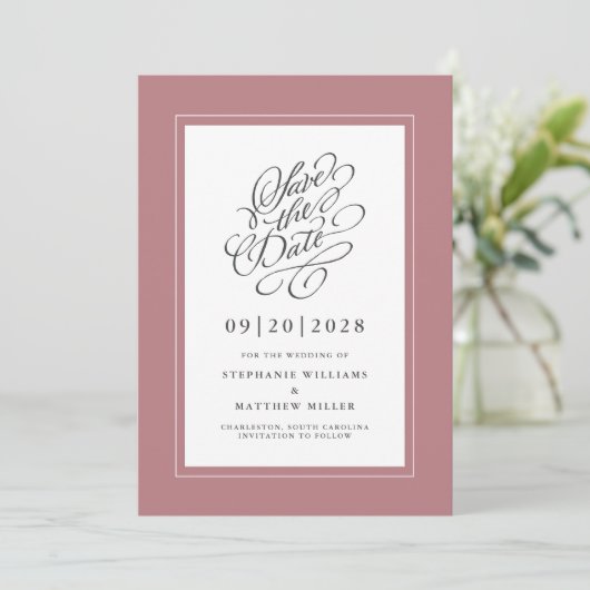 Dusty Roos Elegant Pink Wedding Calligraphy Script Save The Date (Staand voorkant)