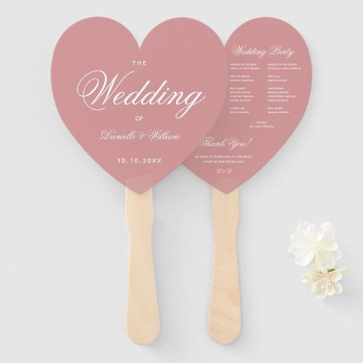 Dusty Roos Elegant Script Heart Wedding Program Handwaaier (Voorkant en achterkant)