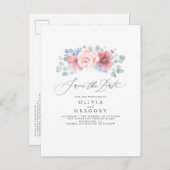 Dusty Roos en Dusty Blue Floral Save the Date Aankondigingskaart (Voorkant / Achterkant)